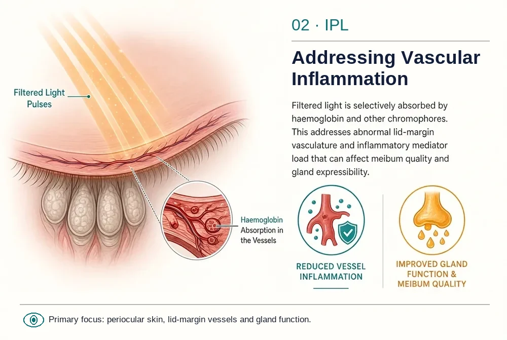 Illustration of filtered light pulses absorbed by haemoglobin in lid-margin vessels, with a magnified view of the vessels and meibomian glands below. Reduced vessel inflammation supports improved gland function and meibum quality. Primary focus: periocular skin, lid-margin vessels and gland function.