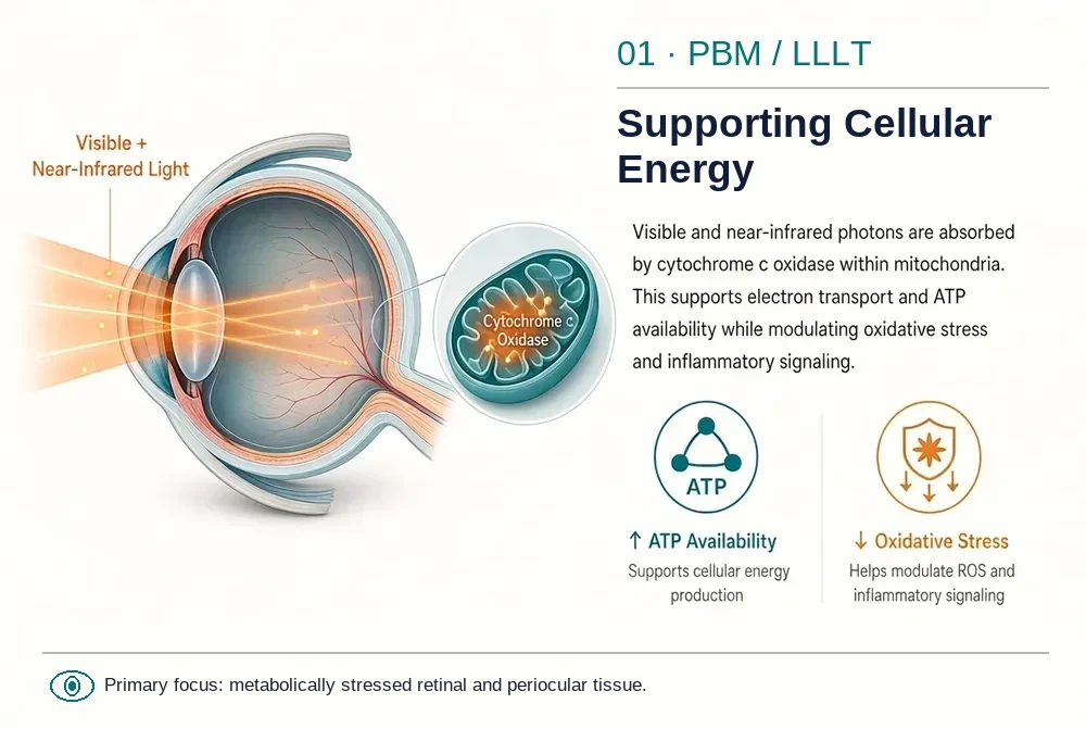 Illustration of visible and near-infrared light passing through the eye toward retinal cells, with a magnified mitochondrion showing cytochrome c oxidase absorption supporting ATP availability and lower oxidative stress. Primary focus: metabolically stressed retinal and periocular tissue.
