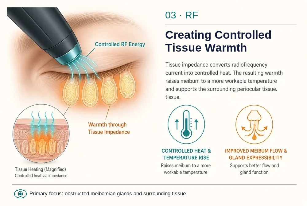 Illustration of a radiofrequency handpiece delivering controlled energy to the eyelid, warming meibomian glands through tissue impedance. A magnified cross-section shows controlled heat in the tissue. Primary focus: obstructed meibomian glands and surrounding tissue.